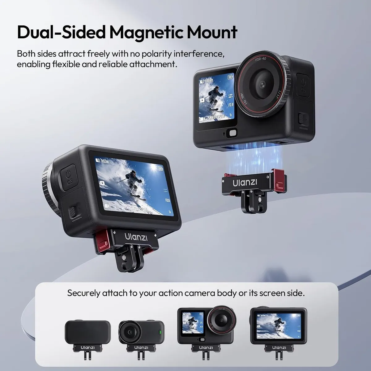 ULANZI OA24 holding an action camera facing forwards and facing backwards, seating in either orientation.