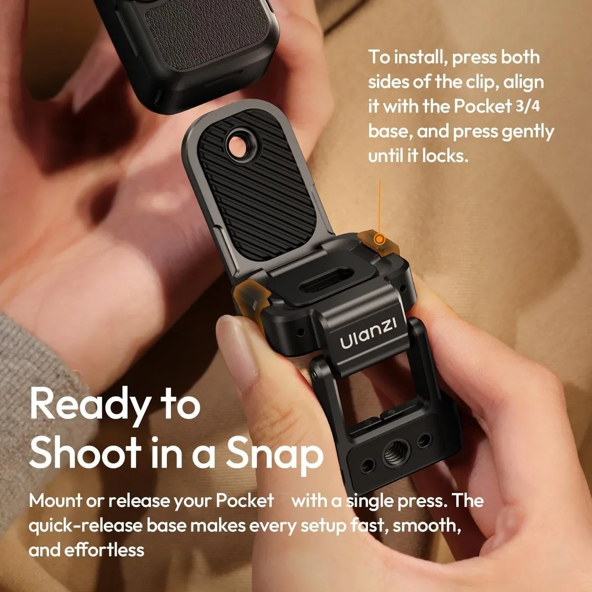 Fitting the ULANZI PK16 to a DJI Osmo Pocket by pressing both sides of the clip onto the camera base.