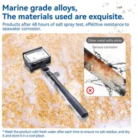 Salt spray test graphic highlighting the marine-grade alloys used in the Telesin selfie stick for corrosion resistance.