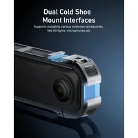 Dual cold shoe mounts on the TELESIN Insta360 X5 frame for attaching external microphones and LED video lights.