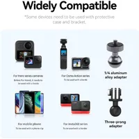 Universal compatibility with GoPro, DJI, Insta360 cameras and quarter-inch thread adapters for small digital cameras.