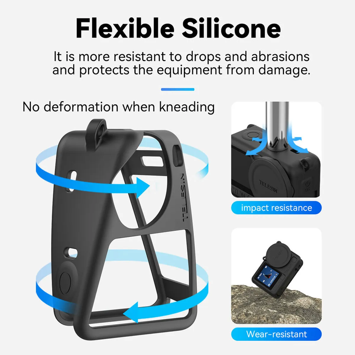 Flexible, non-slip silicone material of the TELESIN DJI Osmo Action 6 cover resists deformation and daily abrasions.
