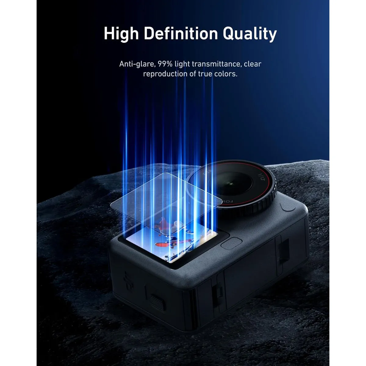 Graphic highlighting 99% light transmittance for true colour and HD clarity on the DJI Osmo Action 6 camera displays.
