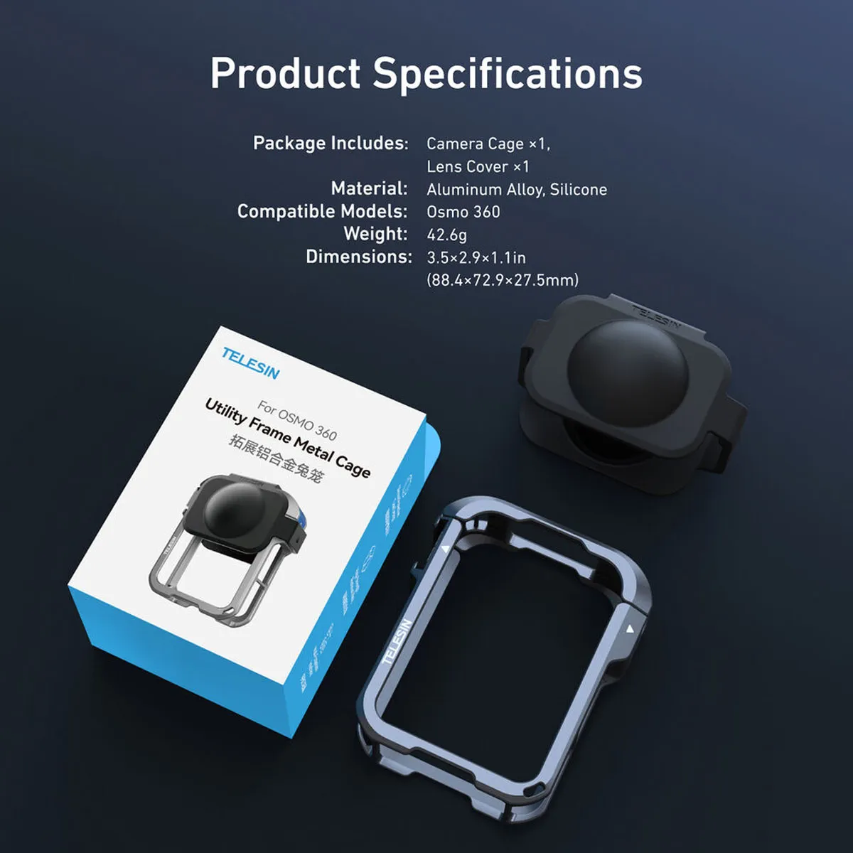 Inclusions: 1 x Metal Camera Cage and 1 x Silicone Lens Cover for DJI Osmo 360. Note: Action camera is NOT included.