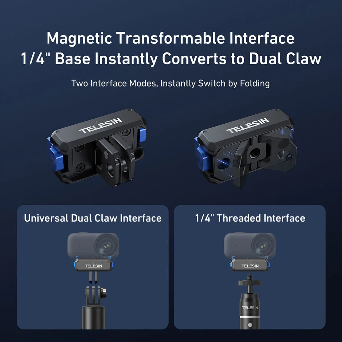 Diagram showing the TELESIN mount dual interface with a folding 2-prong action camera claw & 1/4-inch tripod thread.