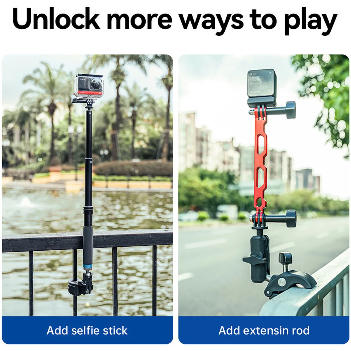 Telesin crab clamp mounted to a metal fence rail holding an action camera and extension for stable, high-angle filming.