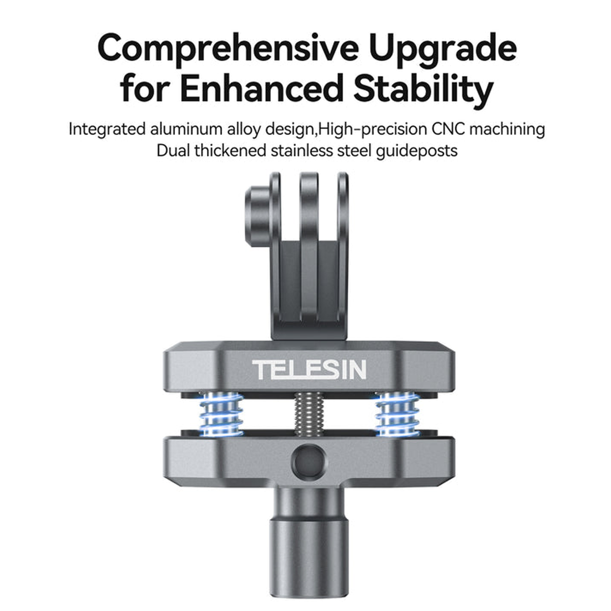 CNC machined aluminium body with dual stainless steel guideposts and double-thickened silicone pads for durability.