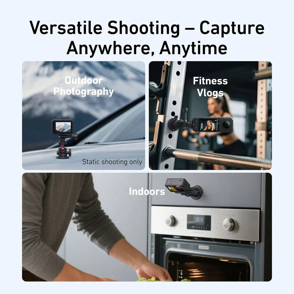 Versatile shooting outdoors on vehicles or indoors on metal appliances with the TELESIN magnetic ballhead camera mount.