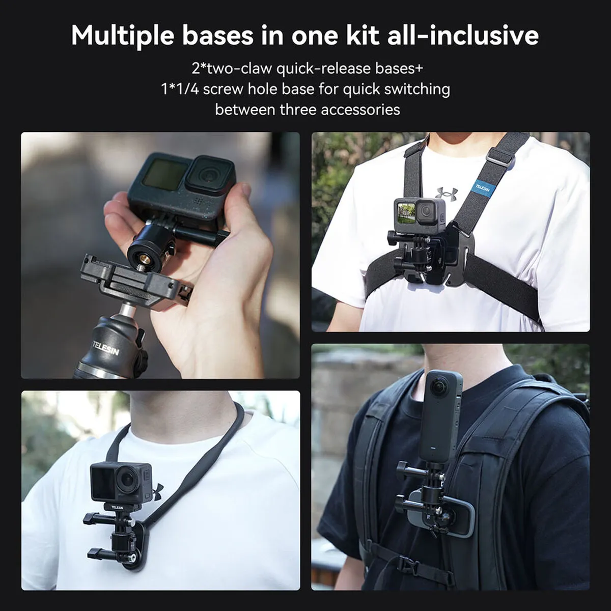 Various mounting options for GoPro, DJI, and Insta360 cameras on the TELESIN quick release adapter system.