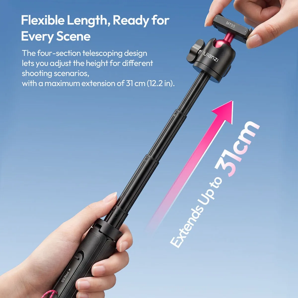 ULANZI SnapGo four-section telescoping pole extending to a maximum height of 31cm.