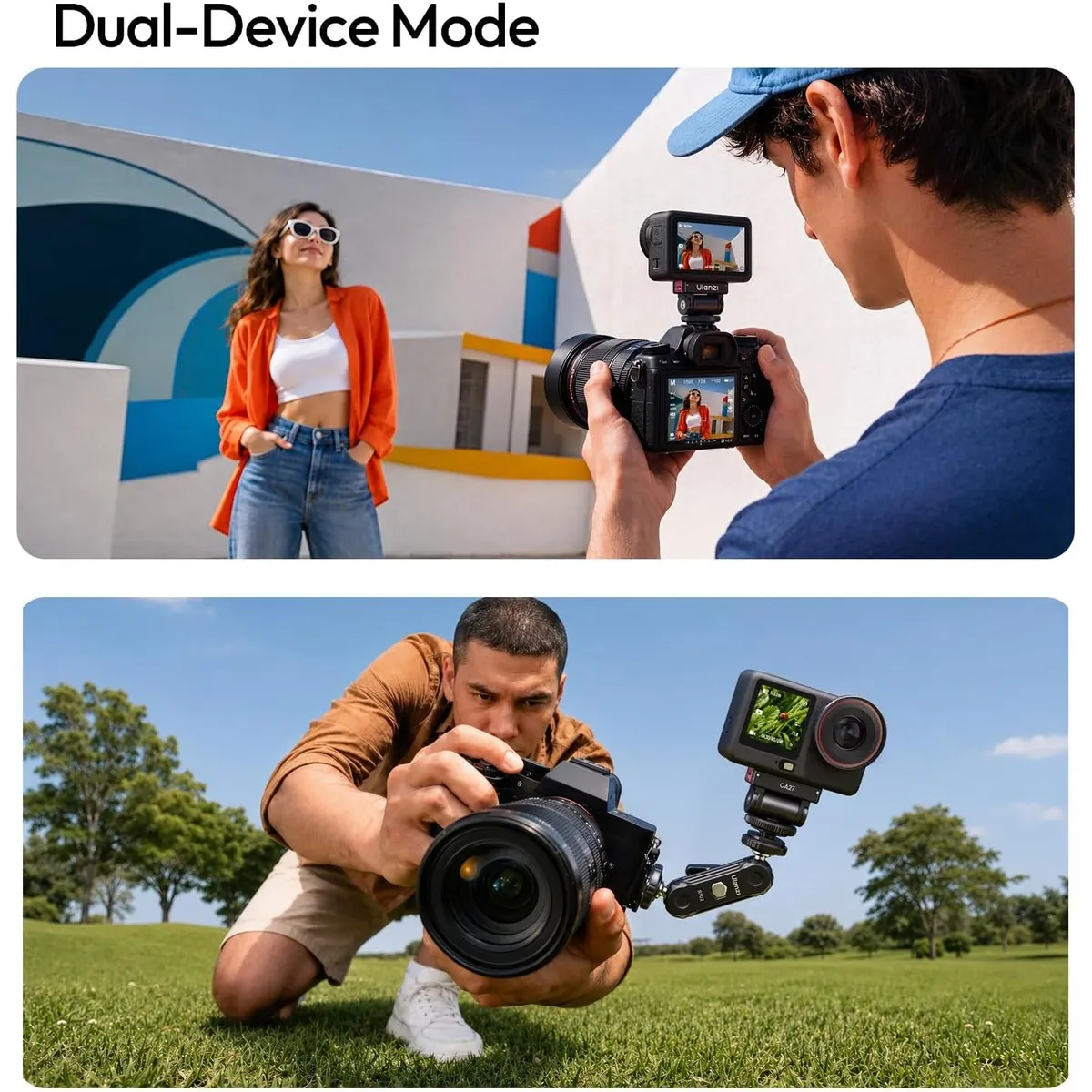 ULANZI OA27 holding an action camera on a DSLR hot shoe and on a magic arm for dual-device filming.