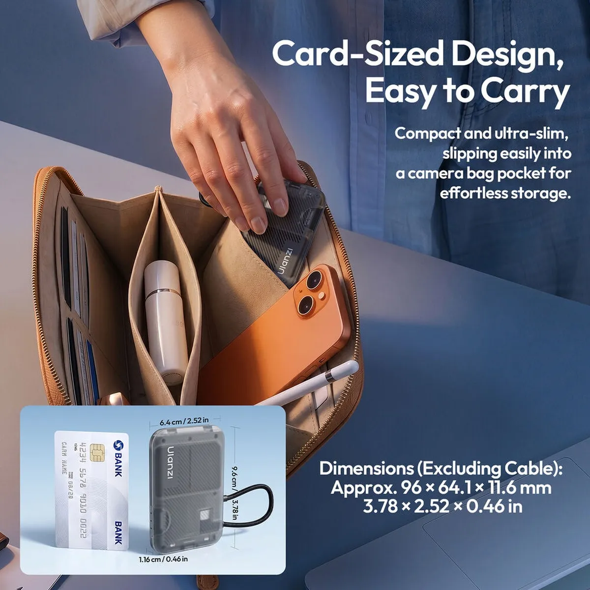 The ULANZI CC02 case beside a bank card for scale, with dimensions of 96 by 64.1 by 11.6 millimetres.