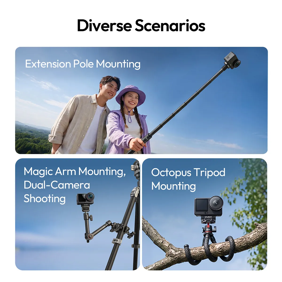 The ULANZI OA26 in use on an extension pole, a magic arm and a flexible tripod outdoors.
