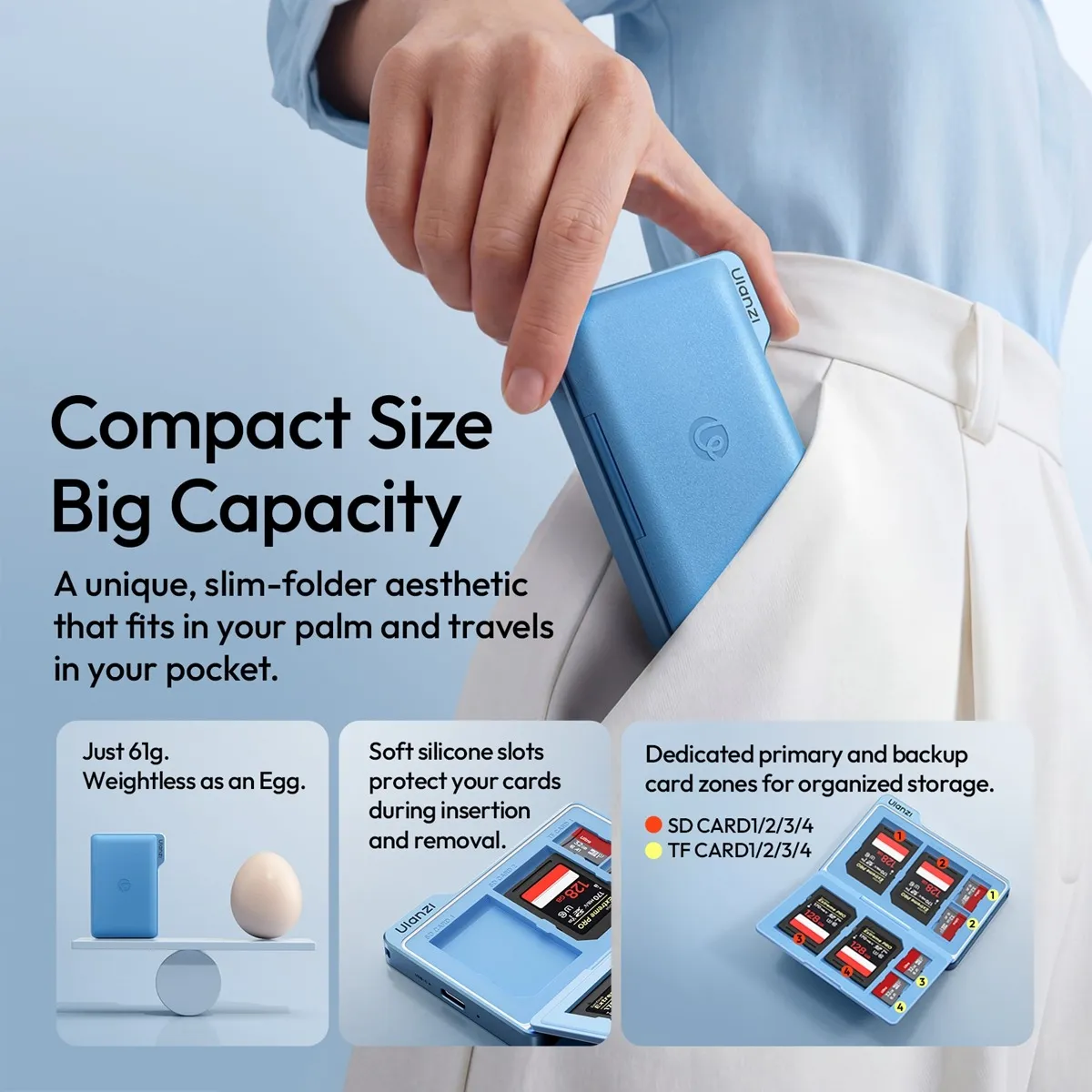 ULANZI DC01 memory card reader and storage case slipping into a pocket, 61 grams and palm sized.