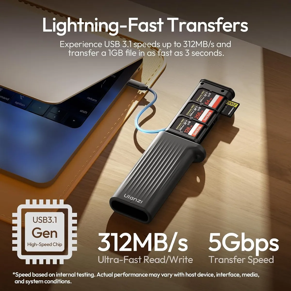 ULANZI CR2 card reader case plugged into a laptop, transferring at up to 312MB per second.