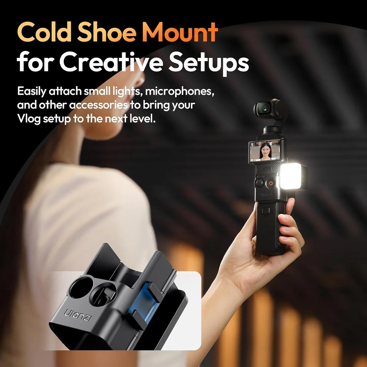 A compact LED light on the cold shoe of the ULANZI PK15, with a DJI Osmo Pocket held in the bracket.