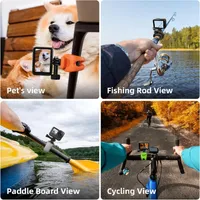 Multi-view lifestyle shots showing the wrap mount used on bikes, fishing rods, paddles, and for pet POVs.