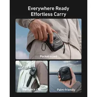 Pocket-sized and palm-friendly TELESIN Osmo 360 case clipped to a backpack for easy access during travel and hiking.