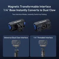 Diagram showing the TELESIN mount dual interface with a folding 2-prong action camera claw & 1/4-inch tripod thread.