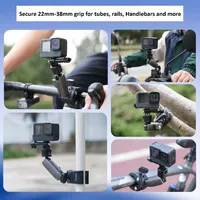 Secure 22mm-38mm grip for tubes, rails, and handlebars. TELESIN S3-HBM-01 mount shown on bike bars, branches, and poles.