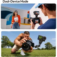 ULANZI OA27 holding an action camera on a DSLR hot shoe and on a magic arm for dual-device filming.