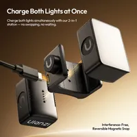 Both ULANZI LM06 lights snapping onto the charging bracket, showing the pogo pins and USB-C socket.