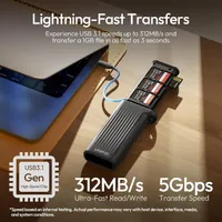 ULANZI CR2 card reader case plugged into a laptop, transferring at up to 312MB per second.