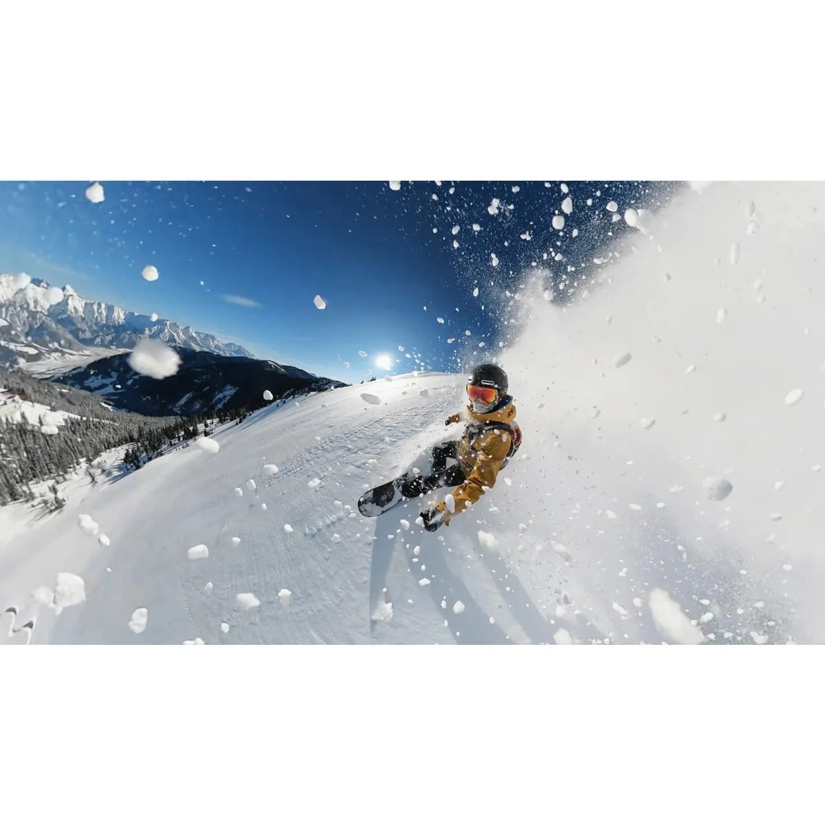 GoPro Carbon Fibre Extension Pole invisible in 360 footage, capturing snowboarding action.