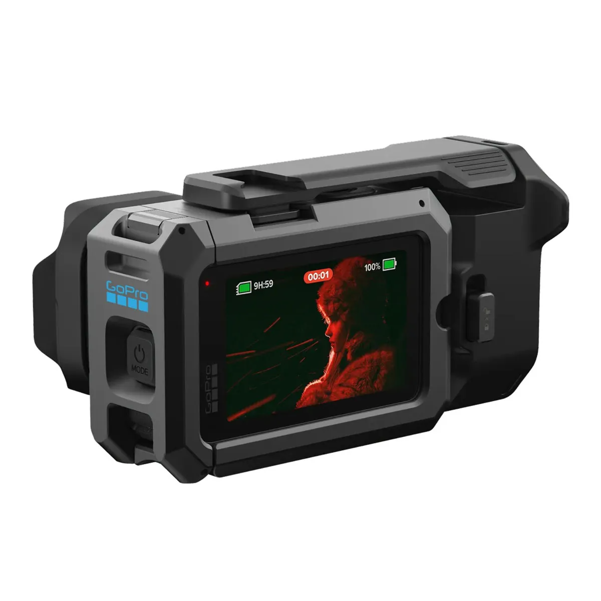 GoPro Point-and-Shoot Grip rear angle showing open access to camera buttons, rear screen, and built-in cold shoe.