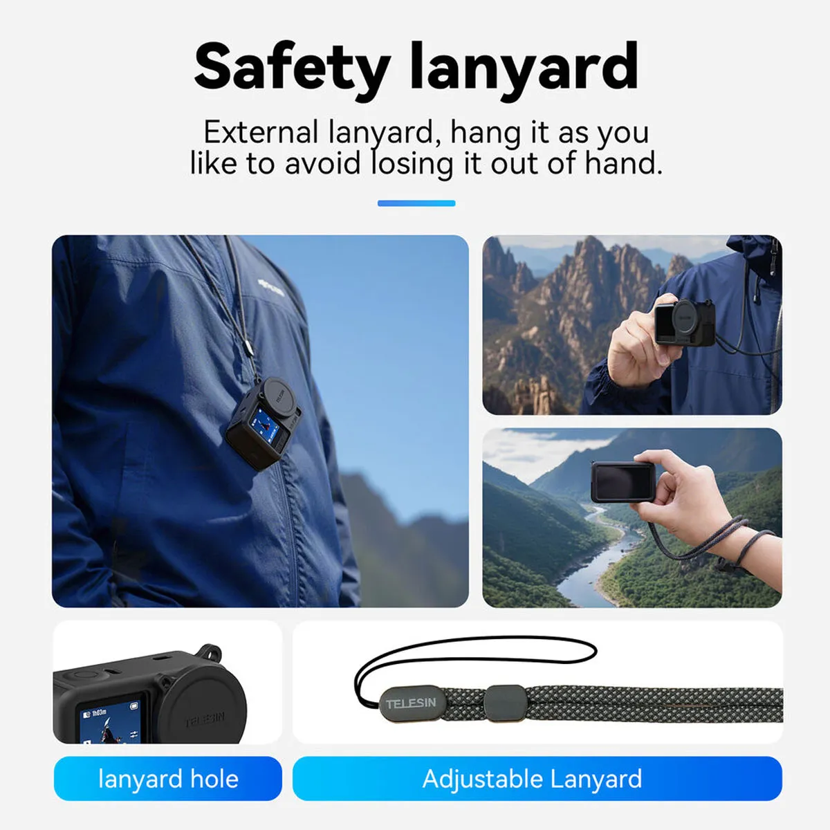 Adjustable safety lanyard included with the TELESIN DJI Osmo Action 6 silicone case for secure hands-free carrying.