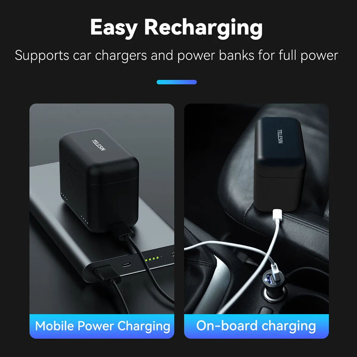 Easy recharging via power banks and car chargers using the USB-C input port.