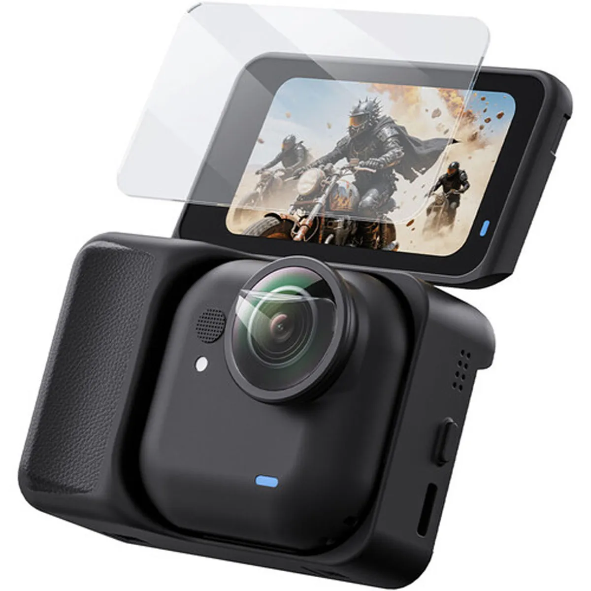 TELESIN glass screen and TPU film lens protectors shown floating perfectly aligned above an Insta360 GO Ultra camera.