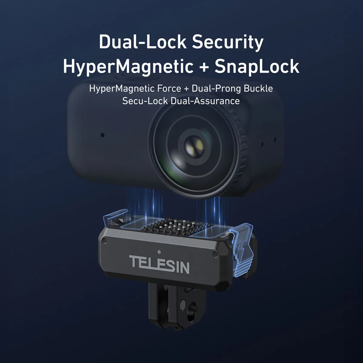 TELESIN magnetic quick release mount showing the HyperMagnetic and dual snap-lock system for DJI Osmo Nano.