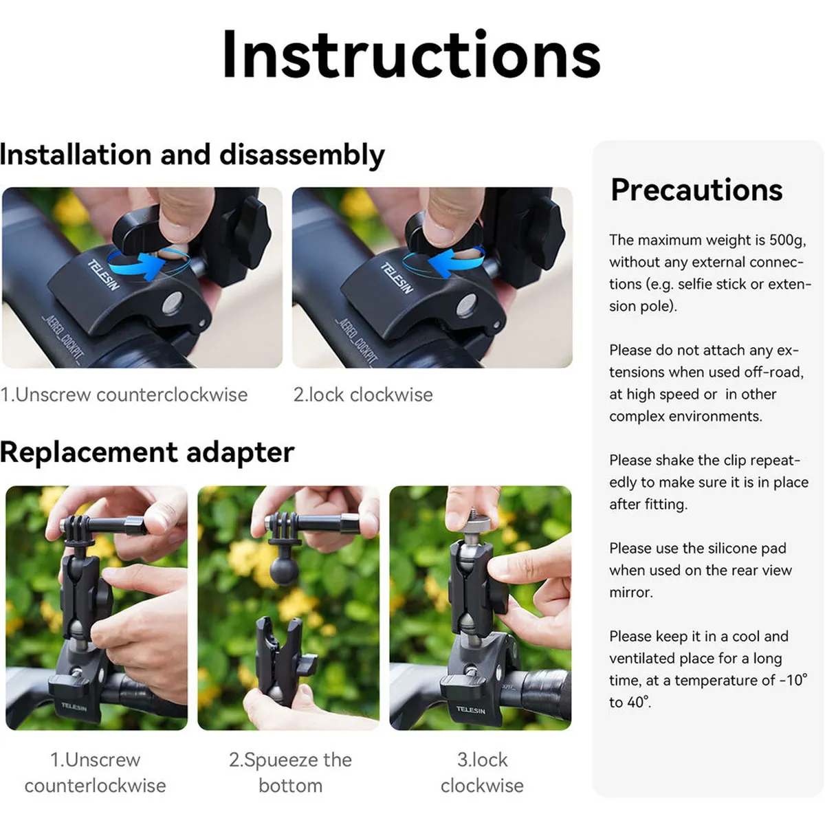 Step-by-step instructions for installation, disassembly, and changing camera adapters on the TELESIN universal clamp.