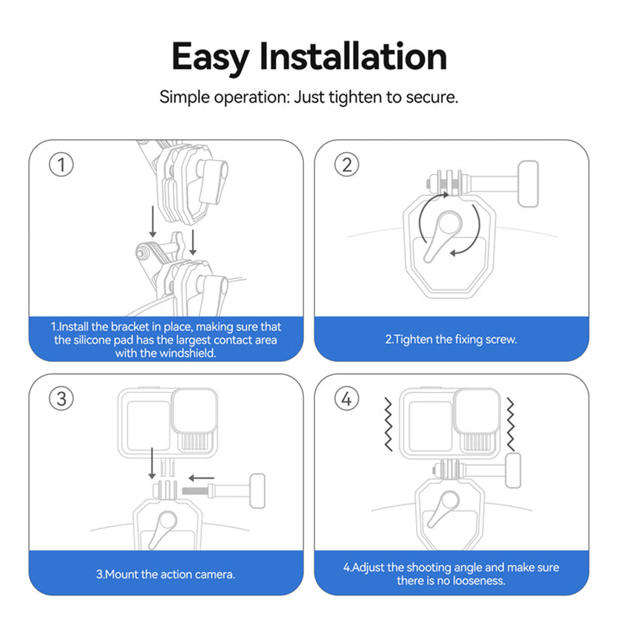 Four-step easy installation guide for the TELESIN motorcycle windshield clamp mount showing secure screw-locking.