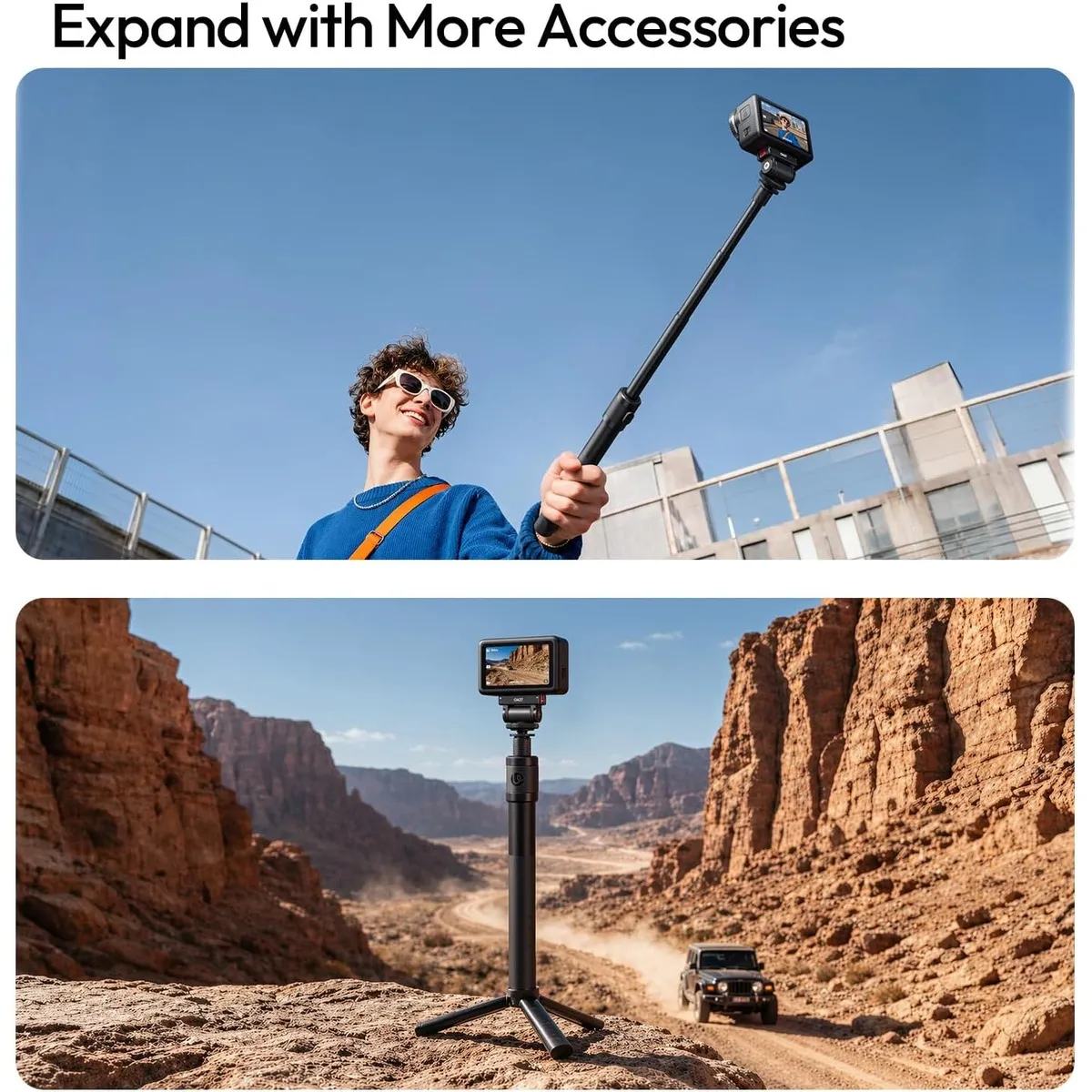 ULANZI OA27 mounting an action camera on an extension pole and on a tripod pole outdoors.