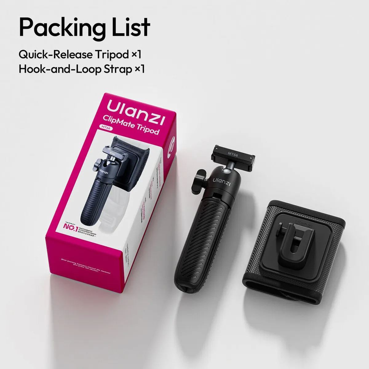 Packing list for the ULANZI ClipMate: the quick-release tripod and one hook-and-loop strap, with the box.