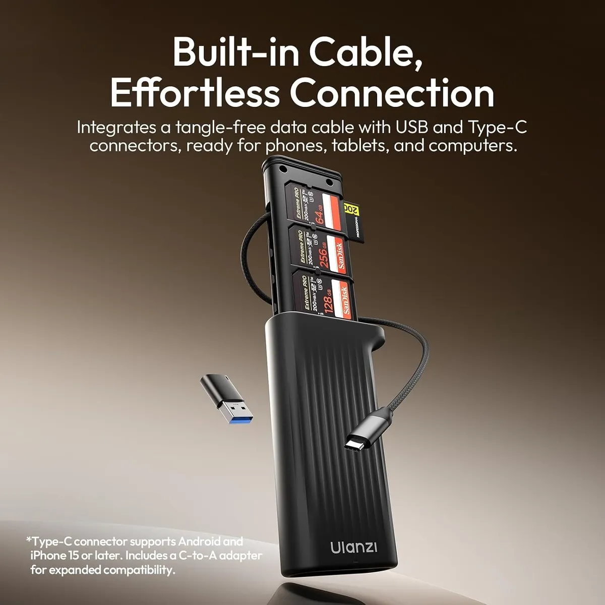 ULANZI CR2 card reader case with its built-in USB-C cable and the included USB-A adapter.