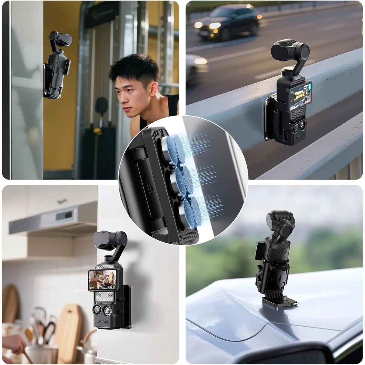 ULANZI PK15 holding a DJI Osmo Pocket on a gym wall, a highway barrier, a kitchen wall and a car roof.