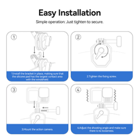 Four-step easy installation guide for the TELESIN motorcycle windshield clamp mount showing secure screw-locking.