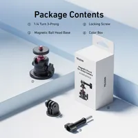 Package contents including magnetic base, ballhead adapter and locking screw for the TELESIN action camera mount.