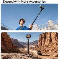 ULANZI OA27 mounting an action camera on an extension pole and on a tripod pole outdoors.