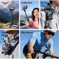ULANZI OA24 in use on a tripod, selfie stick, backpack clip, chest mount and bike mount.