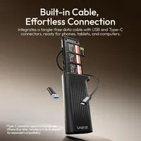 ULANZI CR2 card reader case with its built-in USB-C cable and the included USB-A adapter.