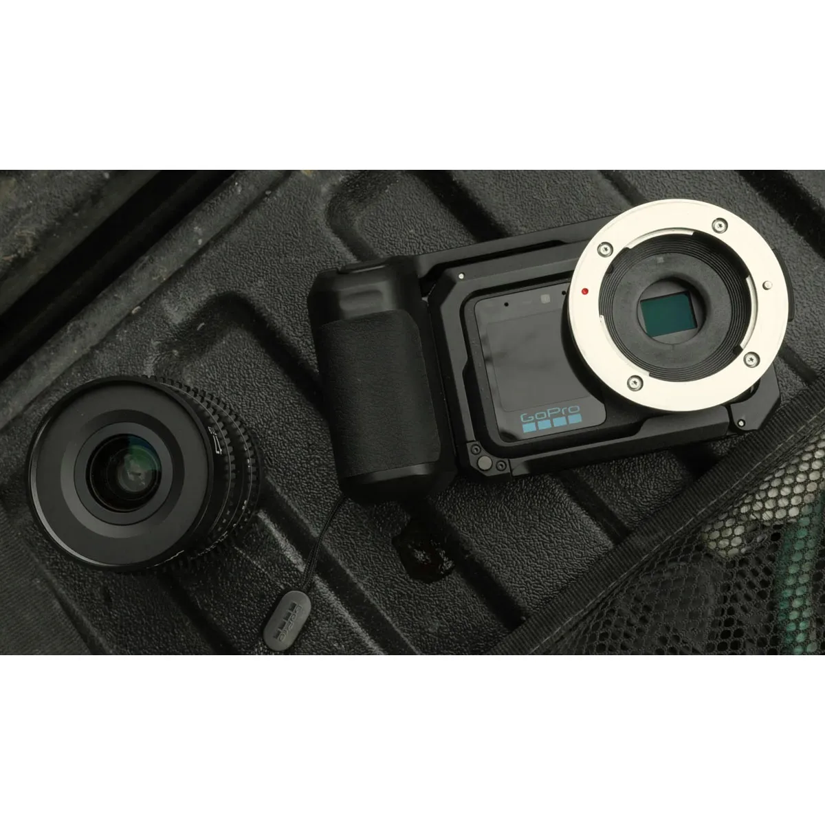 GoPro Point-and-Shoot Grip fitted to Mission1 Pro ILS, accommodating its oversized lens attachment.