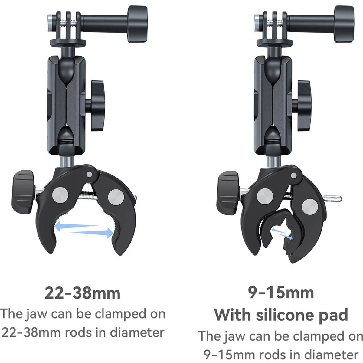 Universal clamp fits tubes 22mm to 38mm wide, or 9mm to 15mm using the included anti-slip silicone insert for smaller rods.