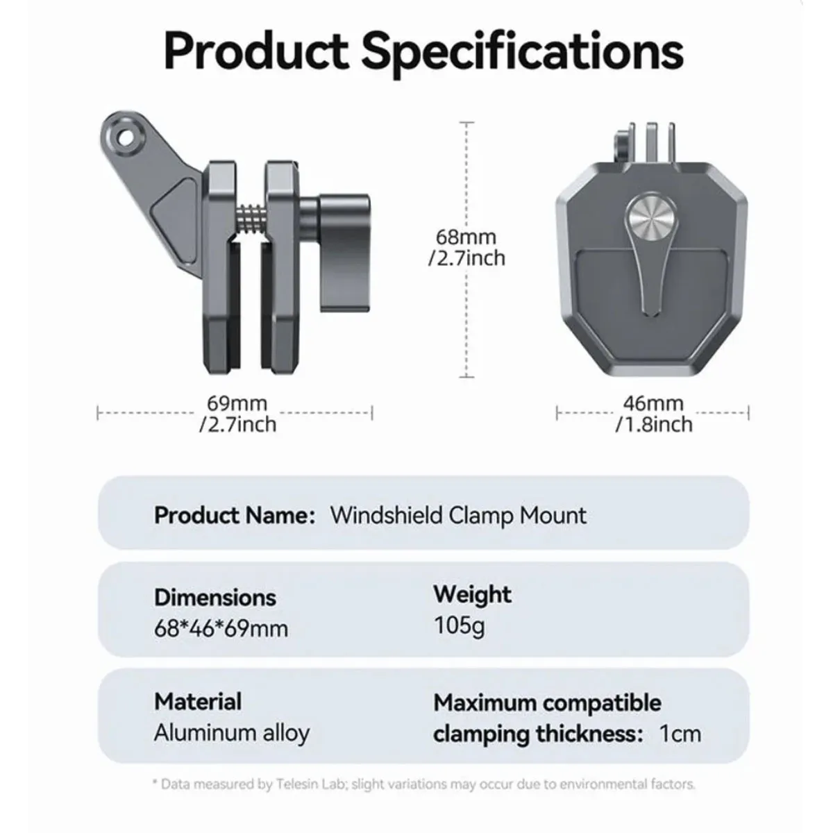 Specifications: 105g weight, 10mm max clamping thickness. Inclusions: Clamp, 1/4-inch Adapter, and Thumbscrew.