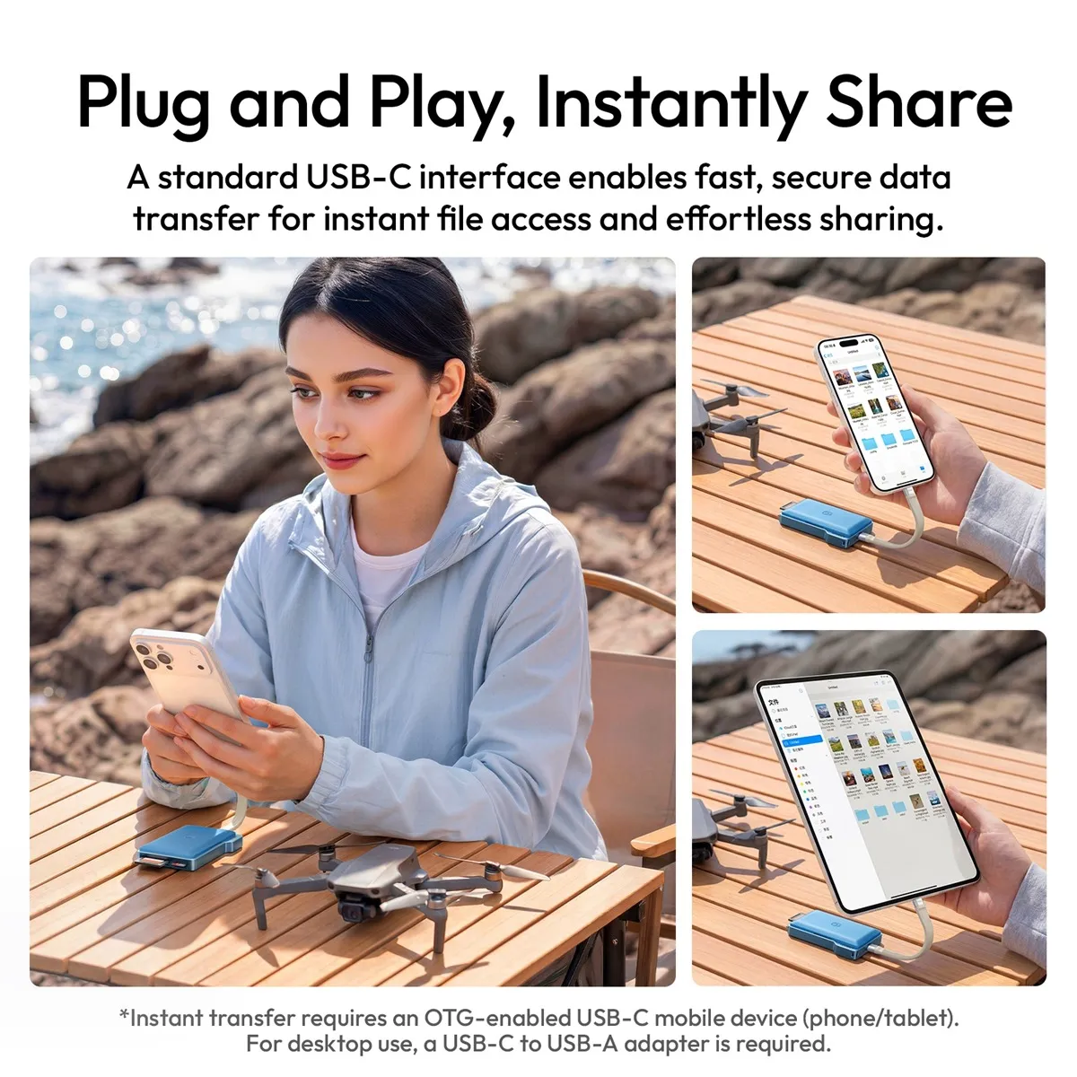 ULANZI DC01 connected to a phone and a tablet by USB-C for transferring photos and video on location.