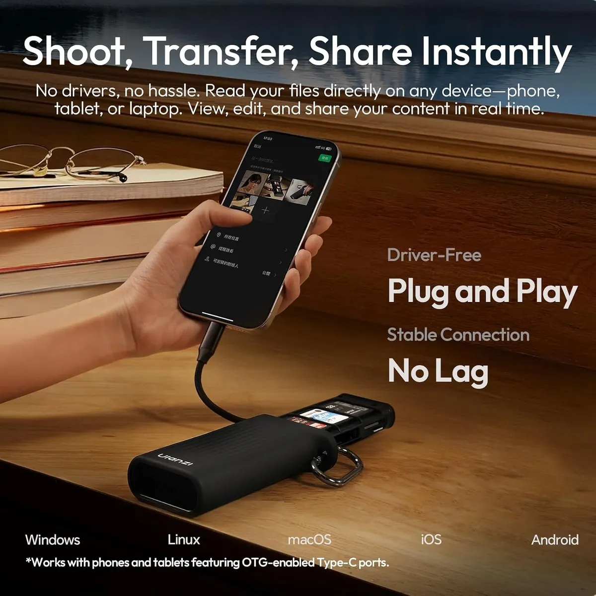 ULANZI CR2 card reader case connected to a phone by its built-in cable for viewing files.	