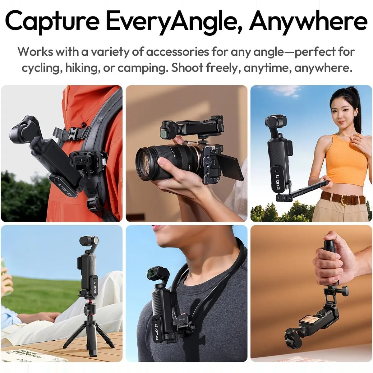 Six ways to use the ULANZI PK16: backpack strap, on a camera, pole, mini tripod, neck mount and hand grip.